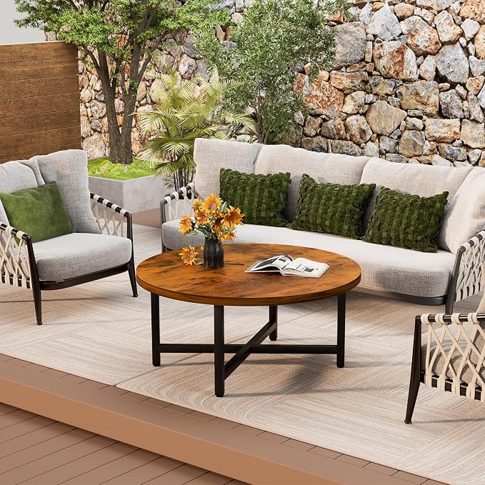 Coffee Table, 31.5" Large Coffee Tables, Brown Round Coffee Tables for Living Room, Floor Table for Sitting on The Floor, Center Coffee Table with Metal Frame for Office Apartment Home