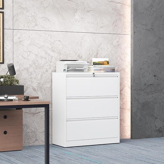 3 Drawer Lateral File Cabinet with Lock, Metal Lateral File Cabinets for Home Office, Steel Heavy-Duty Filing Storage Cabinet for Letters/Legal/A4 (Require Assembly, White)