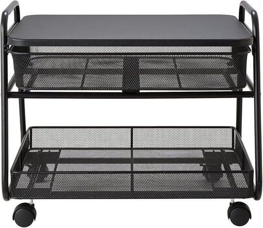 Safco 5208BL Onyx Under-Desk Rolling Machine Stand, Black, 21"W x 16"D x 17.5"H for Printer and Fax Machines With Basket and Drawer Storage. Perfect for Home, Office and Classrooms