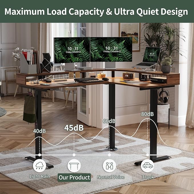 FEZIBO 63"x49" L Shaped Standing Desk with Arc LED & Power Outlet, Electric Height Adjustable L Shaped Desk with Monitor Stand, for Gaming Office, Black Walnut(2 Packages)