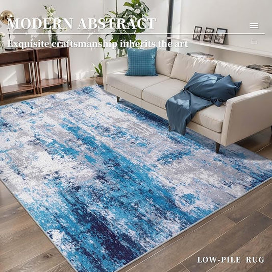 Ciicool Abstract Area Rug Indoor, 3x5 Washable Entryway Rug, Modern Soft Throw Rug with Non-Slip Backing Ideal for Bedroom Living Room Entrance Kitchen, Low-Pile Floor Carpet Doormat Grey Blue