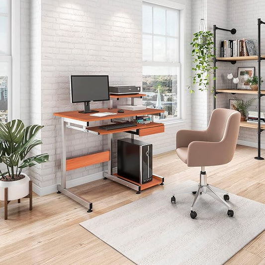 Techni Mobili 38" W Desk with Printer Shelf, Keyboard Tray and Drawer, Compact Workstation with Storage, Woodgrain