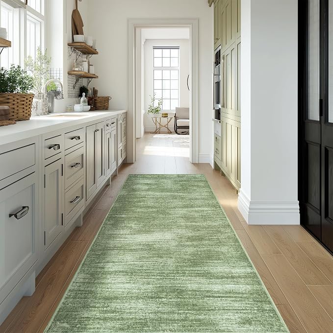 BILEEHOME 2x6 Runner Rug for Hallways Non Slip Washable Neutral Abstract Modern Olive Green Area Rug for Kitchen Laundry Room Dark Green Floor Covering Carpet 2 x 6