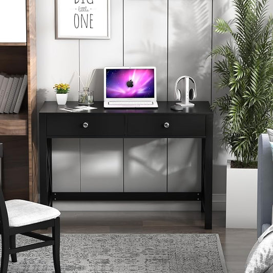 WiberWi Home Office Desk with Drawers, Modern Writing Computer Desk for Bedroom, Small Makeup Vanity Table Study Table for Home Office,Black