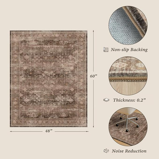 Brown Boho Office Chair Mat for Hard Wood Floors, Anti-Slip Floor Protector for Heavy Duty Computer Chair, 48"x60" Ultra Soft Low Pile Under Desk Rug, Easy to Clean, Taupe