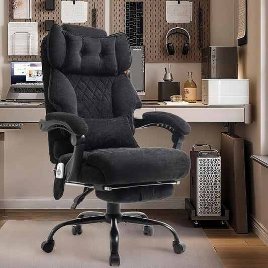 Massage Office Chair with Foot Rest,6 Points Vibration & Heat Executive Office Chairs,Ergonomic Fabric Desk Chair for Heavy People,Big and Tall Office Chair 500LBS,Recliner with Dual-Use Pillow,Black