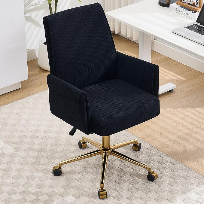 YITAI Stripes Velvet 360°Swivel Desk Chair, Modern Height Adjustable Home Office Armchair with Gold Base and Wheels for Vanity, Comfy Computer Chair for Study Living Room Bedroom(Black)