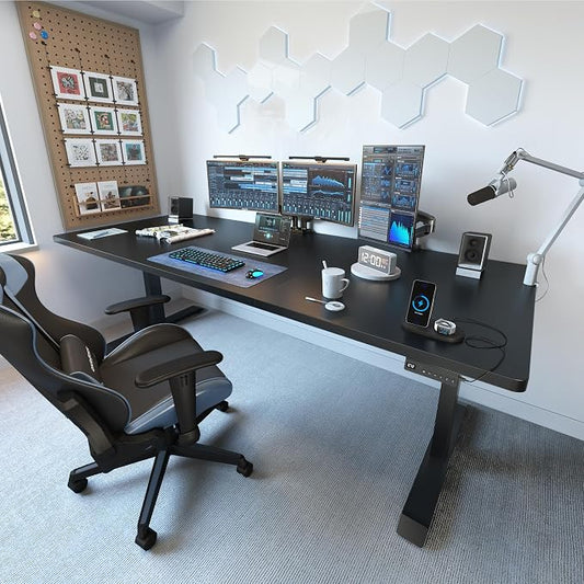 FEZIBO 83 x 37 Inch Electric Standing Desk with Integrated Dual-Beam & Cable Management, Memory Height Adjustable Computer Desk for Home Office Workstation, 1" Thick Large 3-Piece Tabletop Black