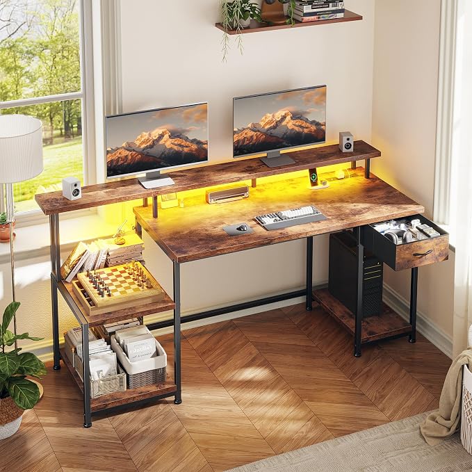 Computer Desk with 55" Long Monitor Stand and 18" Ample Printer Space, Home Office Desk With RGB Lights and 3 AC Power Outlets, Zoned Storage Drawer and File Shelves, Study Desk, Writing Desk, Brown
