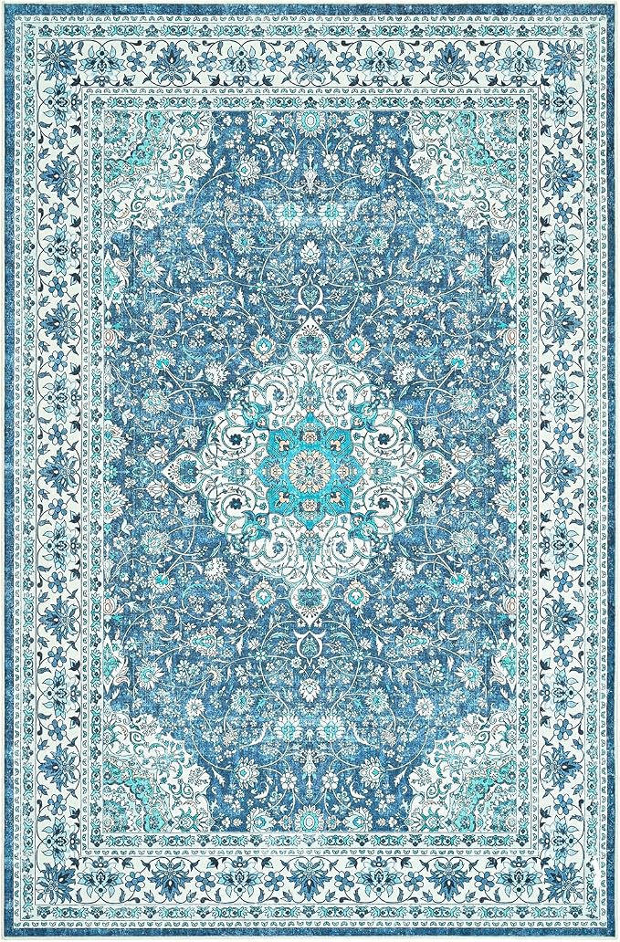 Goideal Washable Rug 8x10, Vintage Area Rugs Non Slip, Indoor Low Pile Carpet with Rubber Backing for Living Room Kitchen Bathroom Entryway Office Bedroom,Blue & Teal