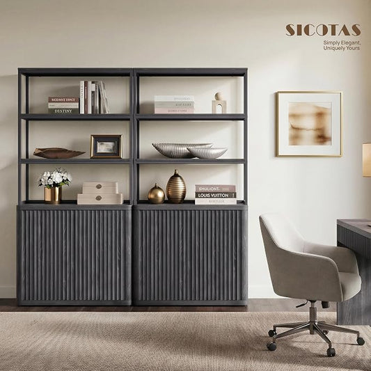 SICOTAS Book Shelf Fluted Bookshelf 71" Tall Bookcase with Doors Storage 5 Tier Mid Century Modern Bookshelves Large Shelves Metal Book Cases for Living Room Office Kitchen Library