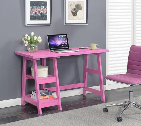 Convenience Concepts Designs2Go Trestle Desk 47" - Modern Desk or Vanity with Shelves, for Office, Dorm, Living Room, Pink