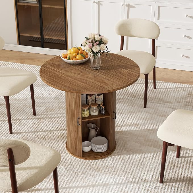 31.5 inch Round Dining Table for 2, Small Dinner Table with 2-Layer Storage Shelf, Morden Circle Kitchen Table with Strip Base and Wood Slide Door for Home Dining Room, Living Room, Chestnut