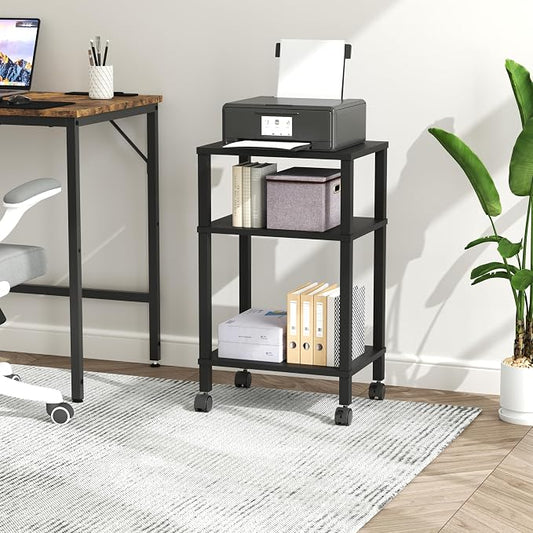 3-Tier Printer Stand with Storage, Mobile Printer Cart with Rolling Casters and Adjustable Feet, Under Desk Storage Shelf for Home Office, Small Printers,Black, 15.7" x 11.8" x 25.9"