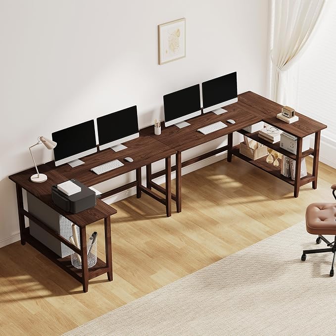 IOTXY Reversible L-Shaped Office Desk - 63" Extra Large Corner Computer Table with Storage Shelves, Solid Wood Legs, Home Writing & Study Workstation, Walnut