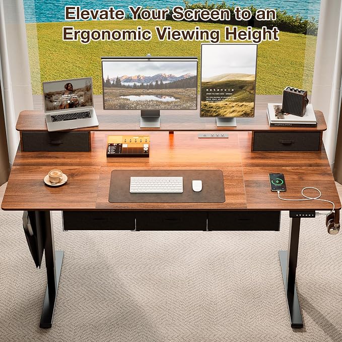 71x32″ Electric Standing Desk with 5 Drawers, Sit Stand Desk with Power Outlets, Monitor Shelf, RGB LED Lights and Cable Management, Height Adjustable 28.3"-47.2" for Home & Office, Walnut