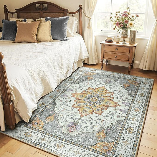 RELEANY Area Rugs 4'x6' Washable Non-Slip, Floral Vintage Distress Medallion Carpet for Living Room Bedroom Dining Room, Beige Carbon Grey Orange