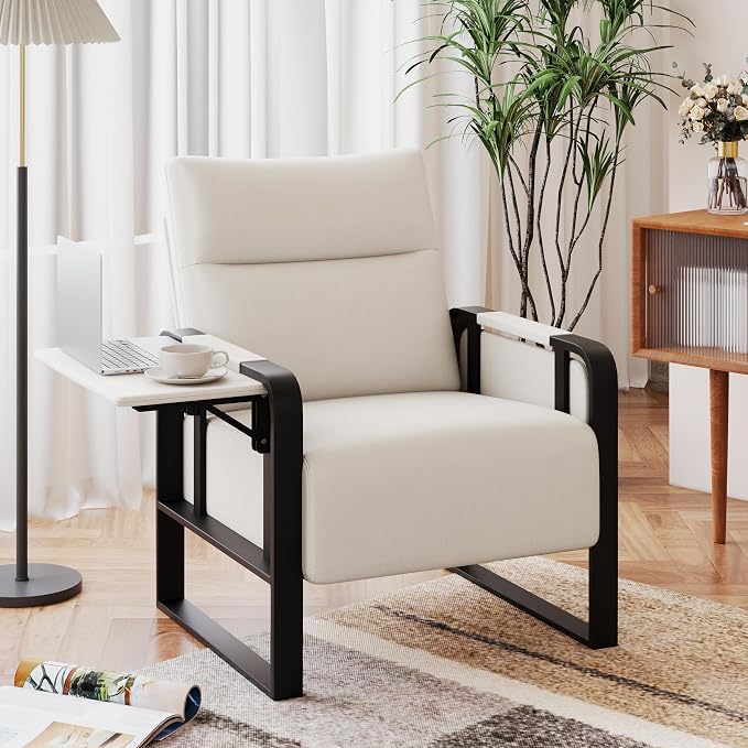 Upholstered Living Room Chair Armchair Set of 2, Mid Century Faux Leather Metal Accent Chair, Reception Couch Office Guest Chair Slipper Club Lounge Single Sofa with Sidetable for Bedroom-Beige