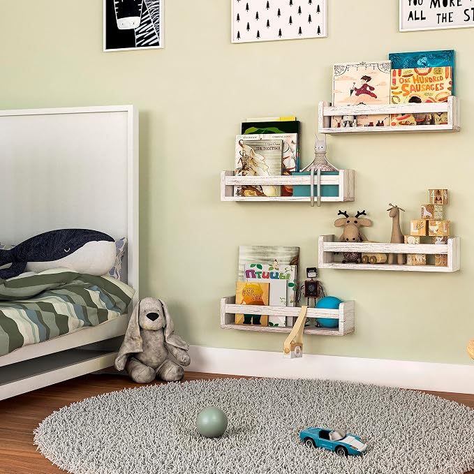 NATURE SUPPLIES Set of 4 Whitewashed Nursery Room Shelves 16.4'', Solid Wood Ideal for Books Toys and Decor, Wall Bookshelf Kids Bedroom, Bookshelf, Nursery Book Shelves, Floating Grey