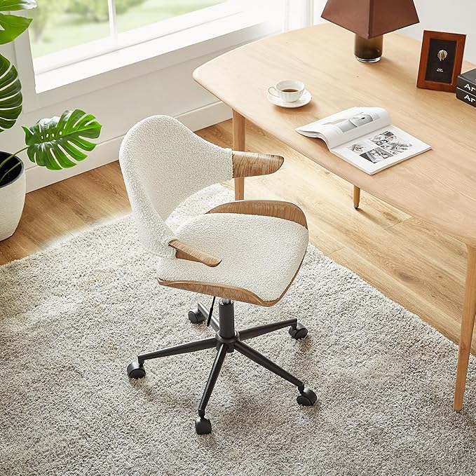 Art Leon Swivel Desk Chairs, Set of 2, Mid Century Modern Office Chairs with Wheels, Boucle Fabric Upholstered Armchairs, Adjustable Height Task Chairs with Metal Base, Washed Oak Bentwood, White