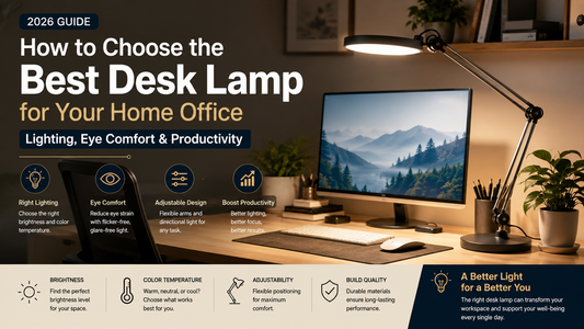 Adjustable LED desk lamp illuminating a modern home office workspace with computer monitor, keyboard and ergonomic desk setup for eye comfort and productivity
