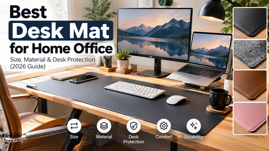 Large desk mat on a modern home office desk with keyboard, mouse and laptop providing workspace organization and desktop surface protection