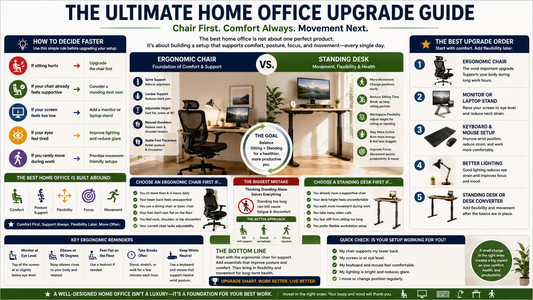 Compare standing desks and ergonomic chairs to find the best first home office upgrade for comfort, posture, focus, and productivity while working from home.