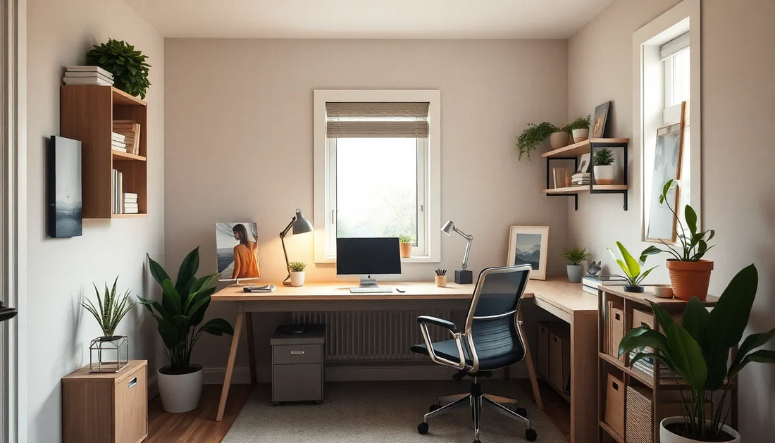 Modern home office desk for small spaces with compact storage and an ergonomic workspace