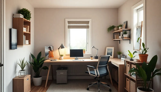 Modern home office desk for small spaces with compact storage and an ergonomic workspace