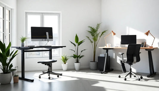Standing desk and sitting desk comparison in a modern home office workspace