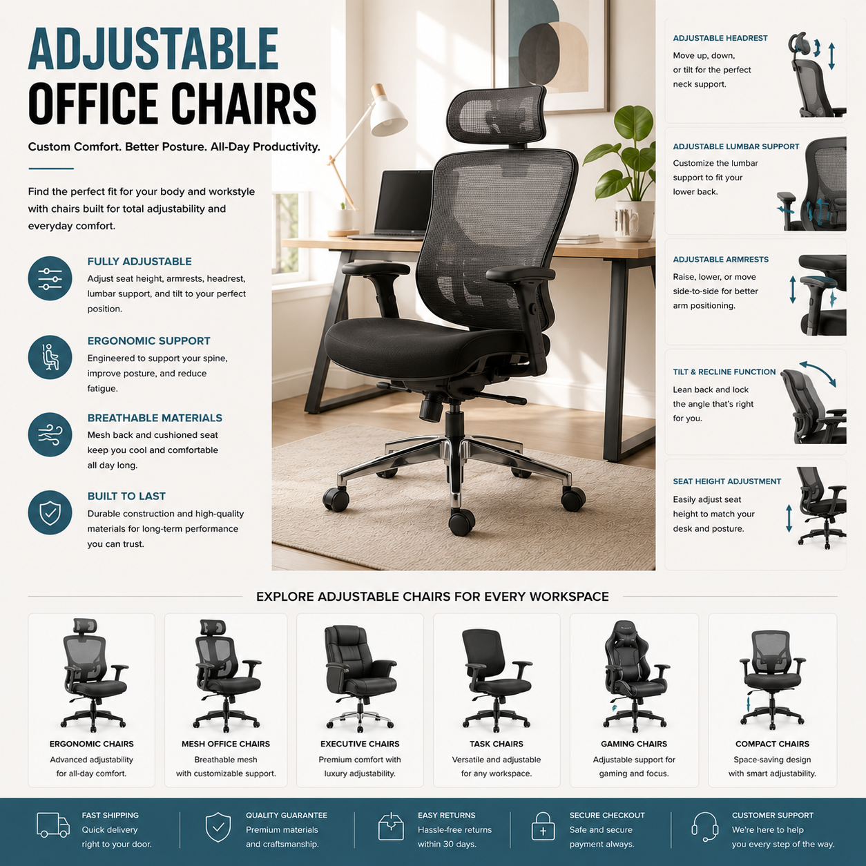 Adjustable office chairs with ergonomic support, reclining features, breathable materials, and modern workspace comfort design