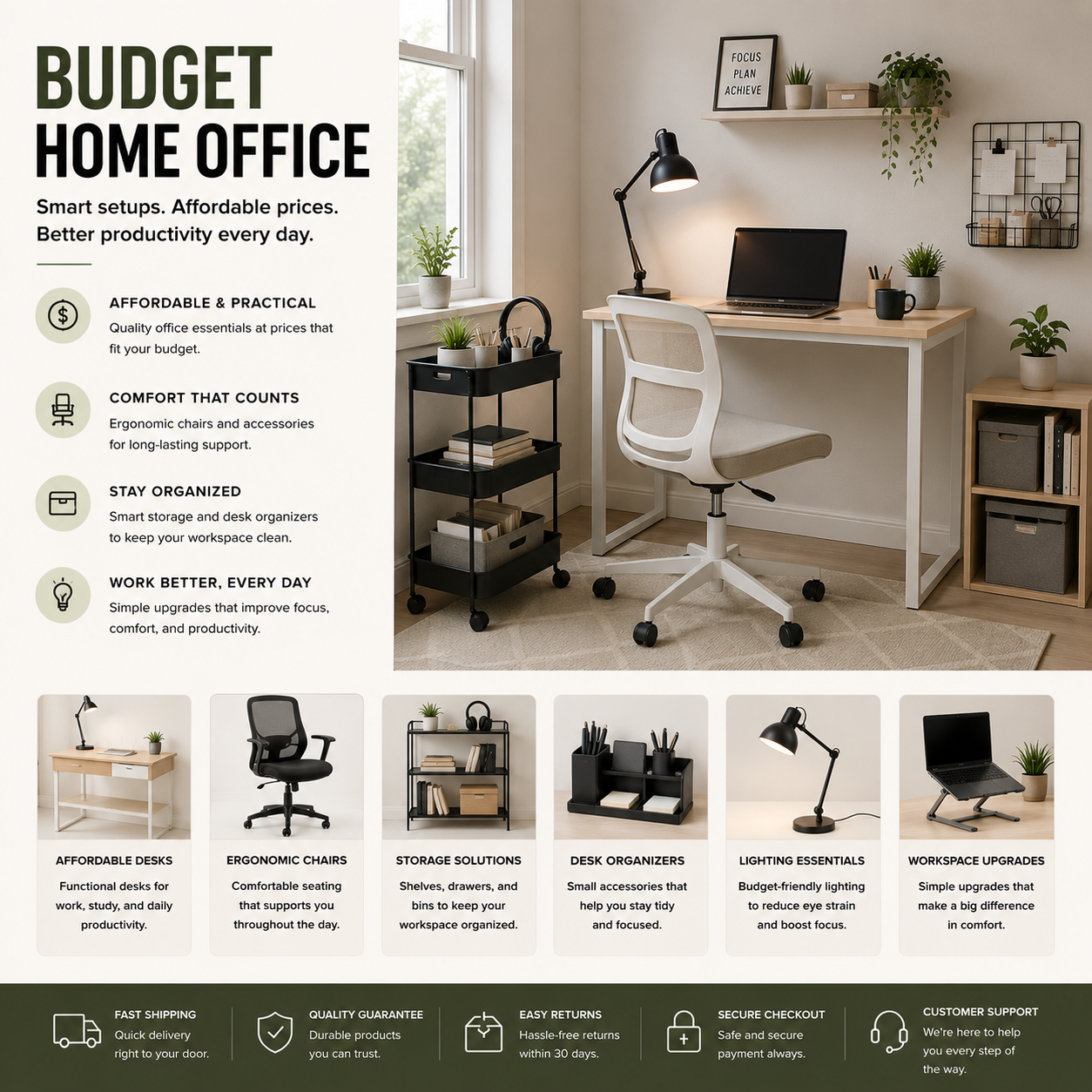 Affordable budget home office setup with compact desk, ergonomic chair, storage organizers, and modern workspace essentials