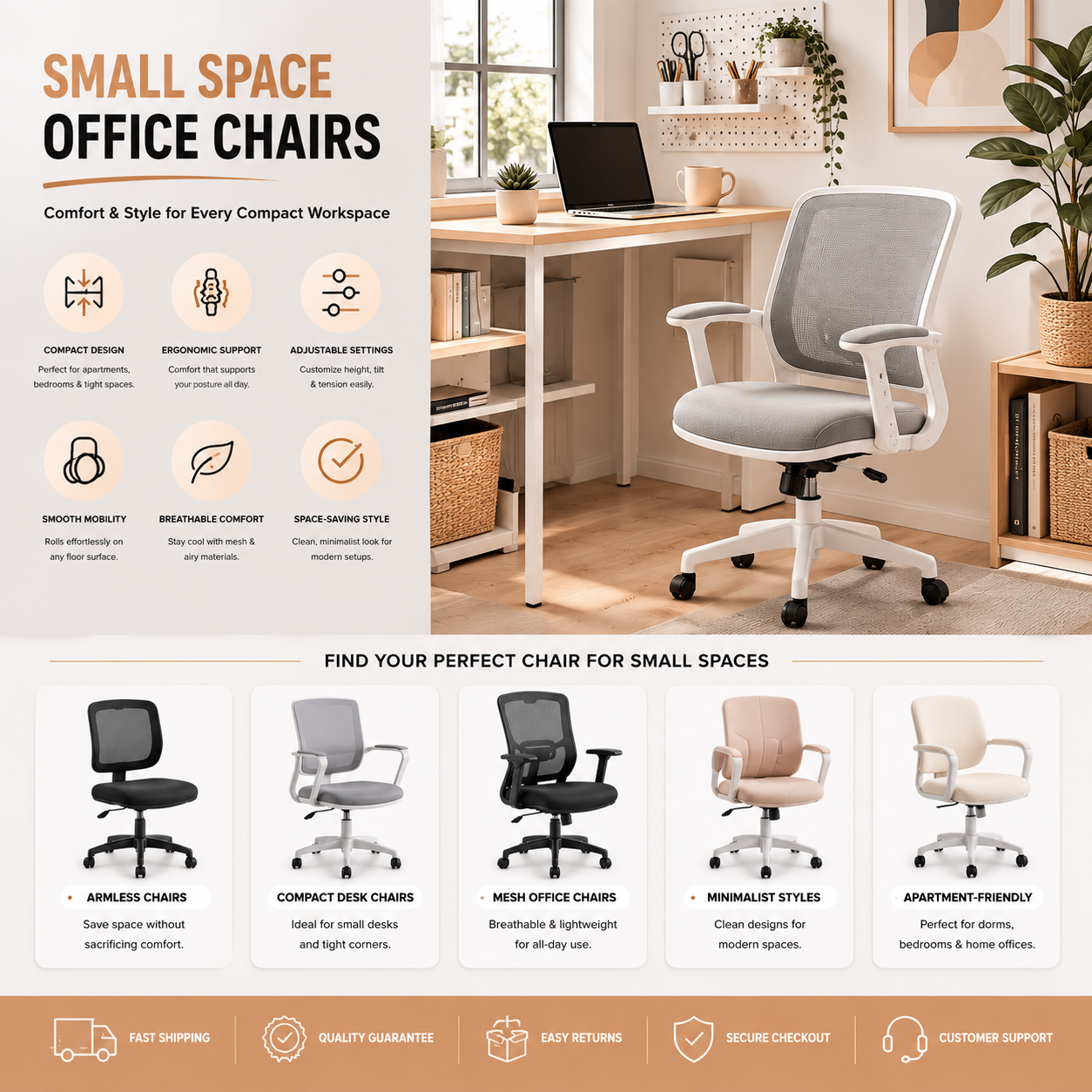 Compact small space office chairs with ergonomic support, minimalist seating, and modern workspace comfort for apartments and small offices