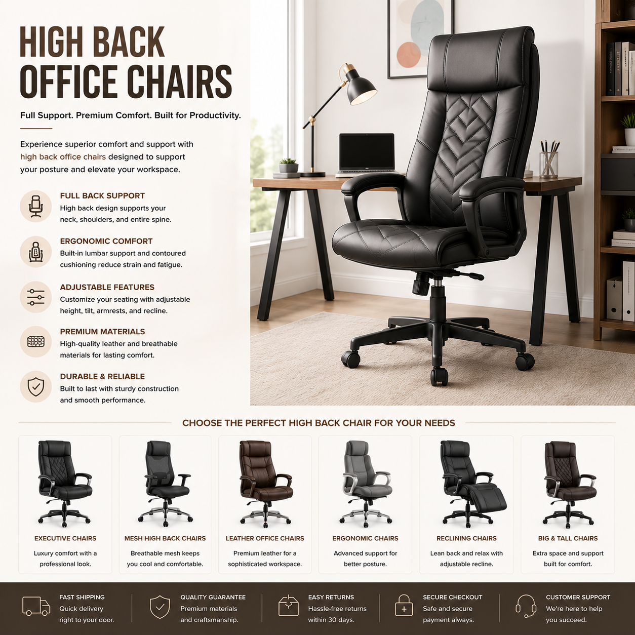 High back office chairs with ergonomic lumbar support, executive comfort seating, and modern professional workspace design