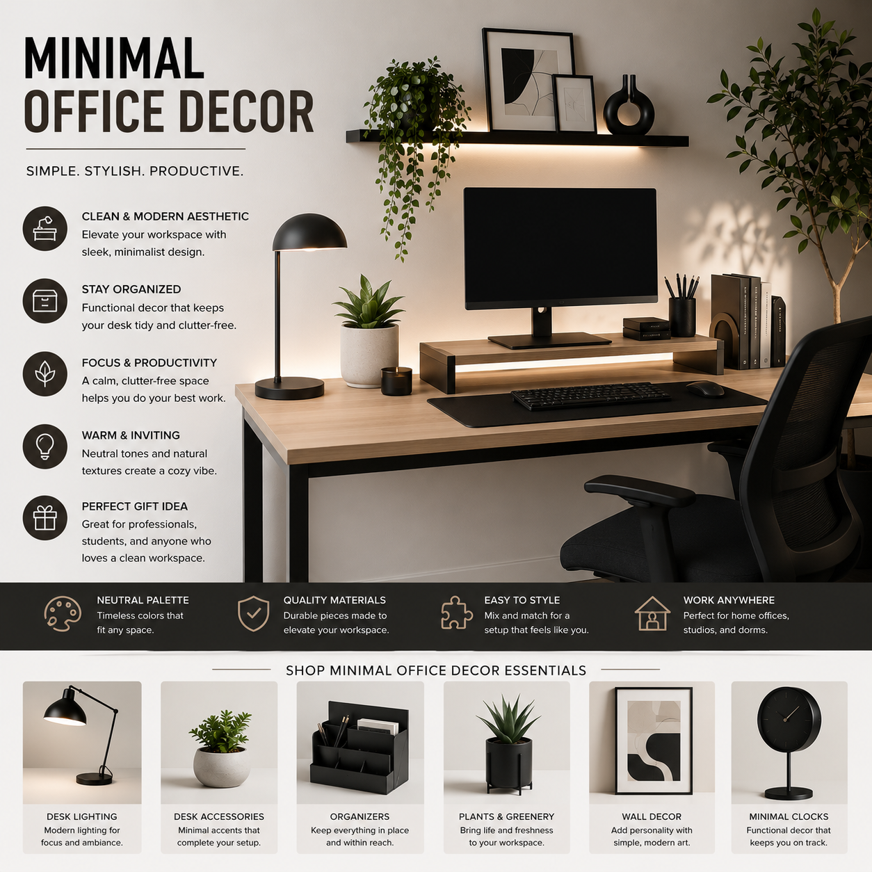 Minimal office decor with modern desk accessories, neutral workspace styling, minimalist office lighting, and clean productivity desk setups