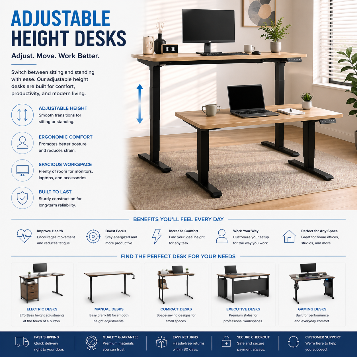 Modern adjustable height desks with ergonomic sit stand workspace layouts, spacious desktop organization, and productivity-focused office design