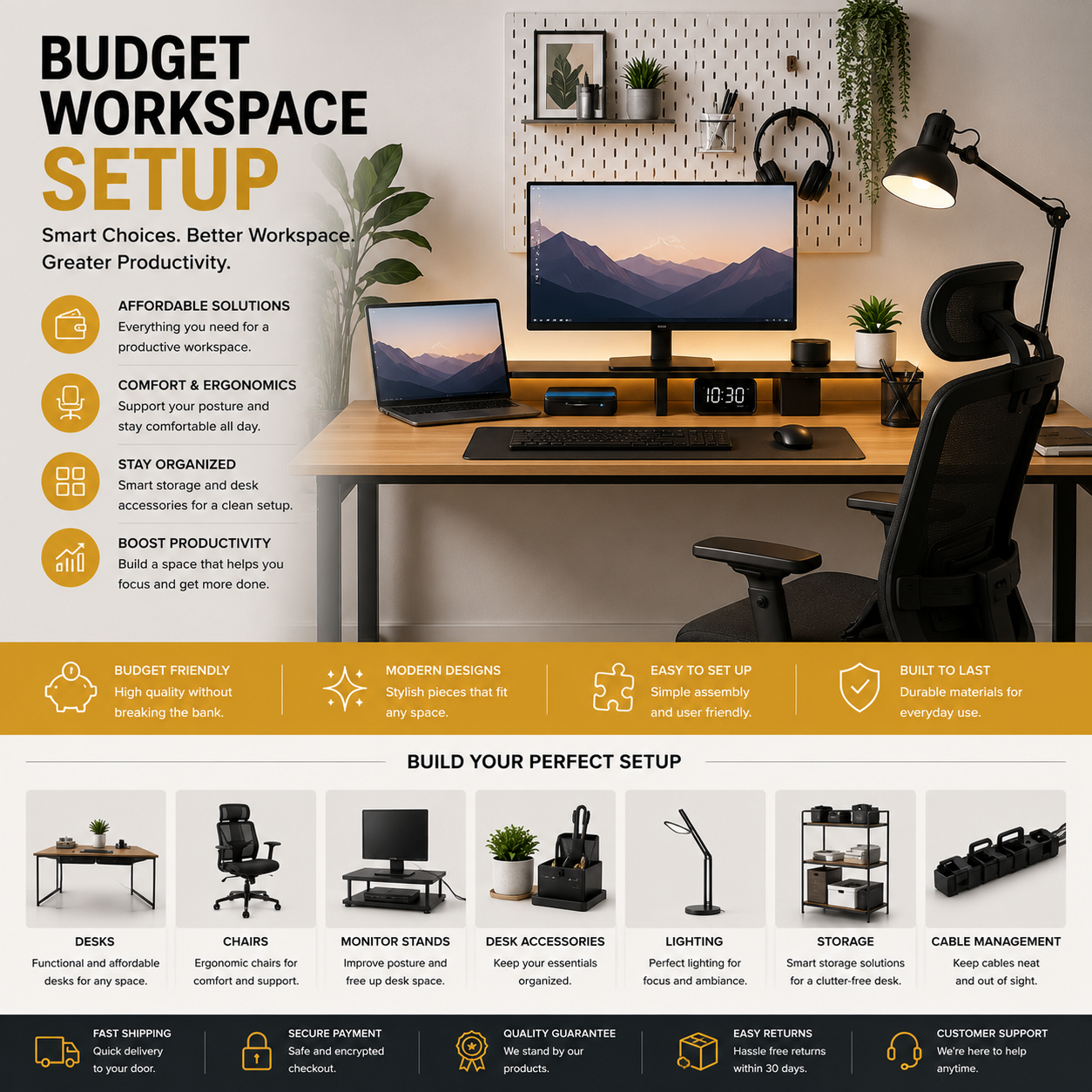 Modern budget workspace setup with affordable office desks, ergonomic chairs, desk accessories, and productive minimalist workspace interiors