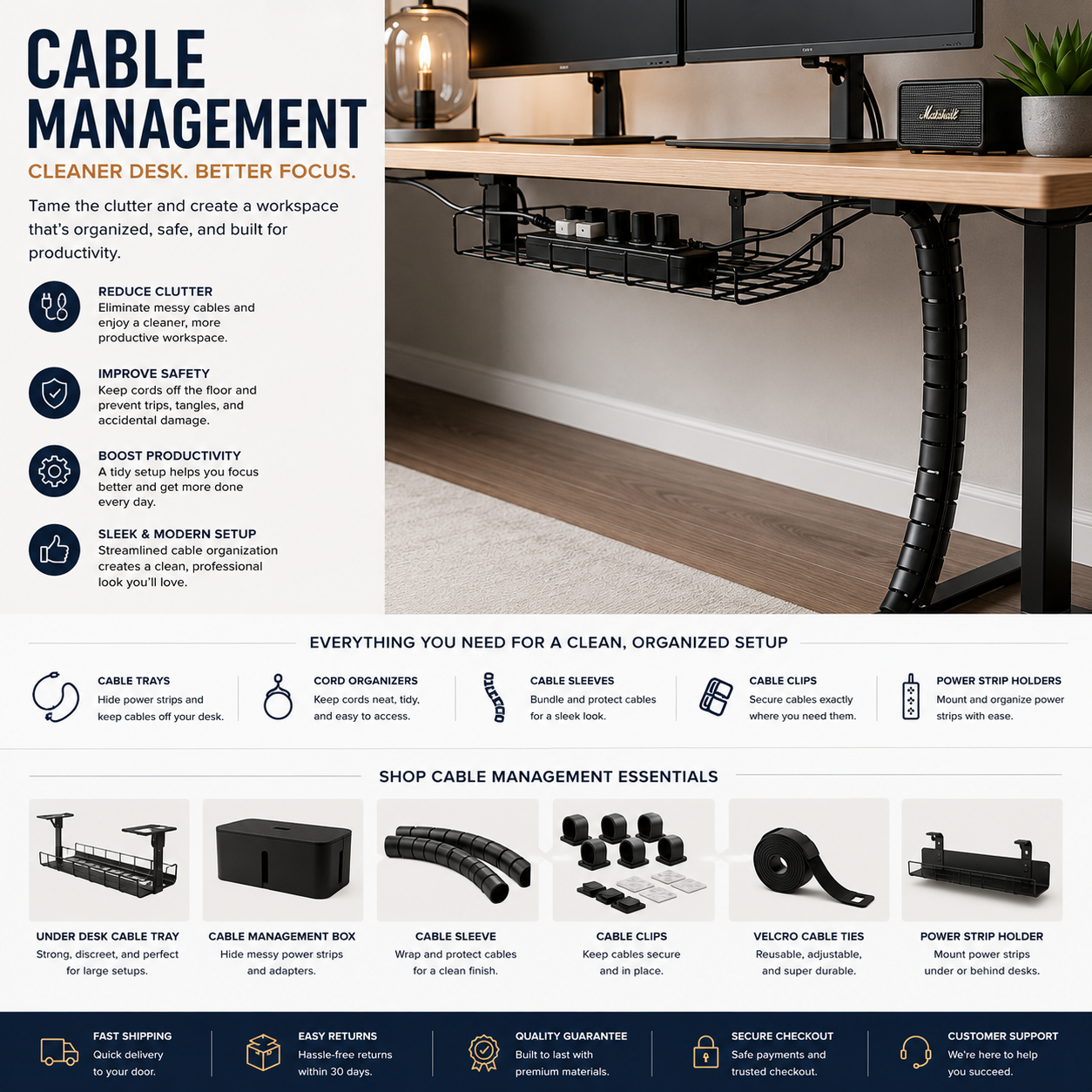 Modern cable management setup with organized desk cables, under desk wire organization, and productivity-focused workspace design