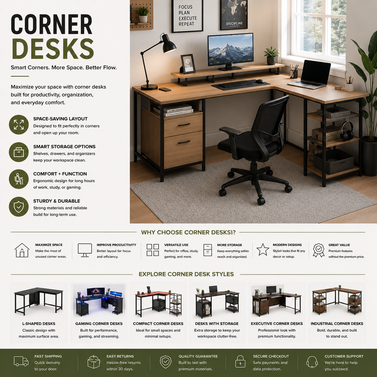 Modern corner desks with ergonomic workspace layouts, organized workstation storage, and productivity-focused office desk design