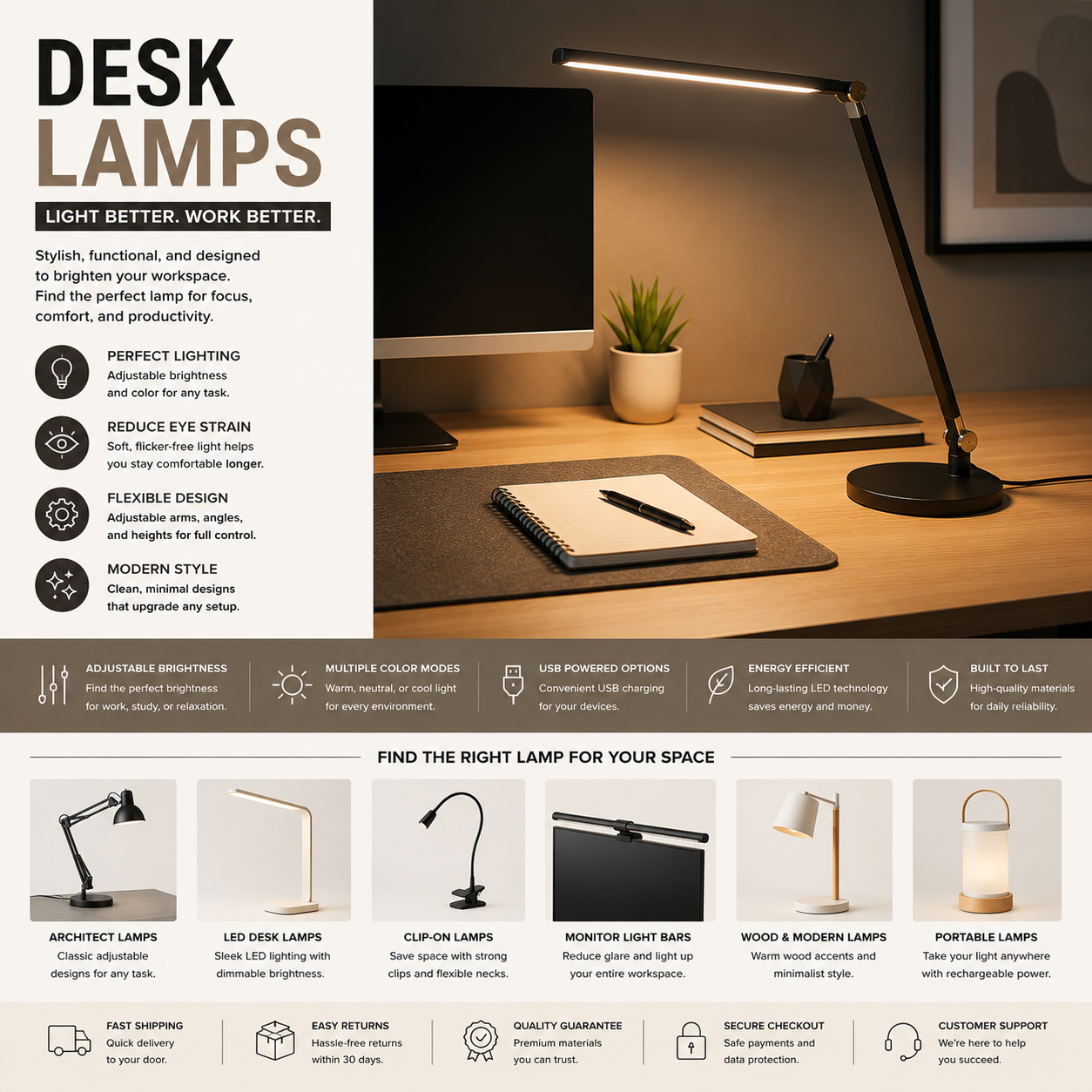 Modern desk lamps with ergonomic LED workspace lighting and productivity-focused office desk setups
