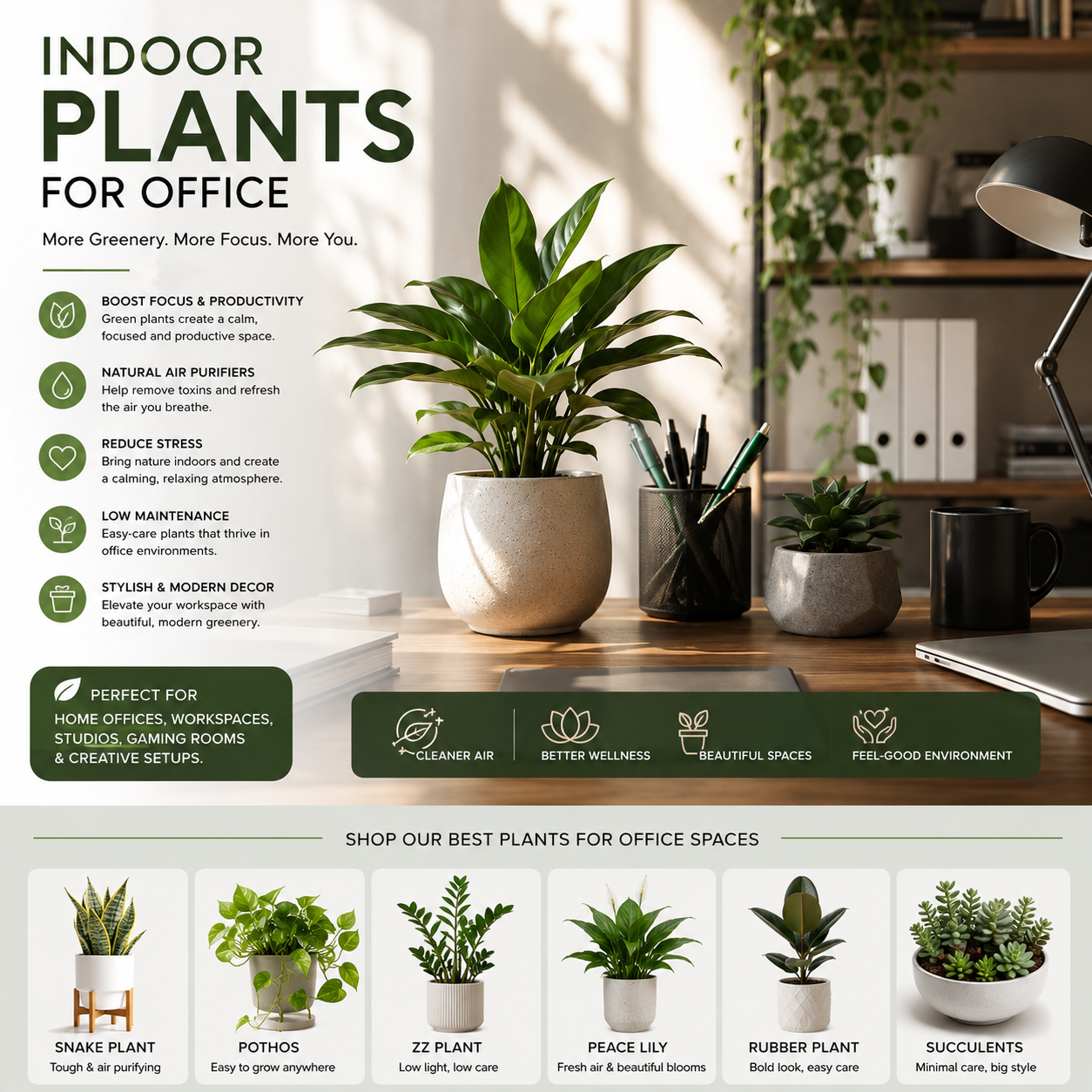 Modern indoor office plants with minimalist desk greenery, ceramic planters, workspace botanical décor, and stylish office interiors
