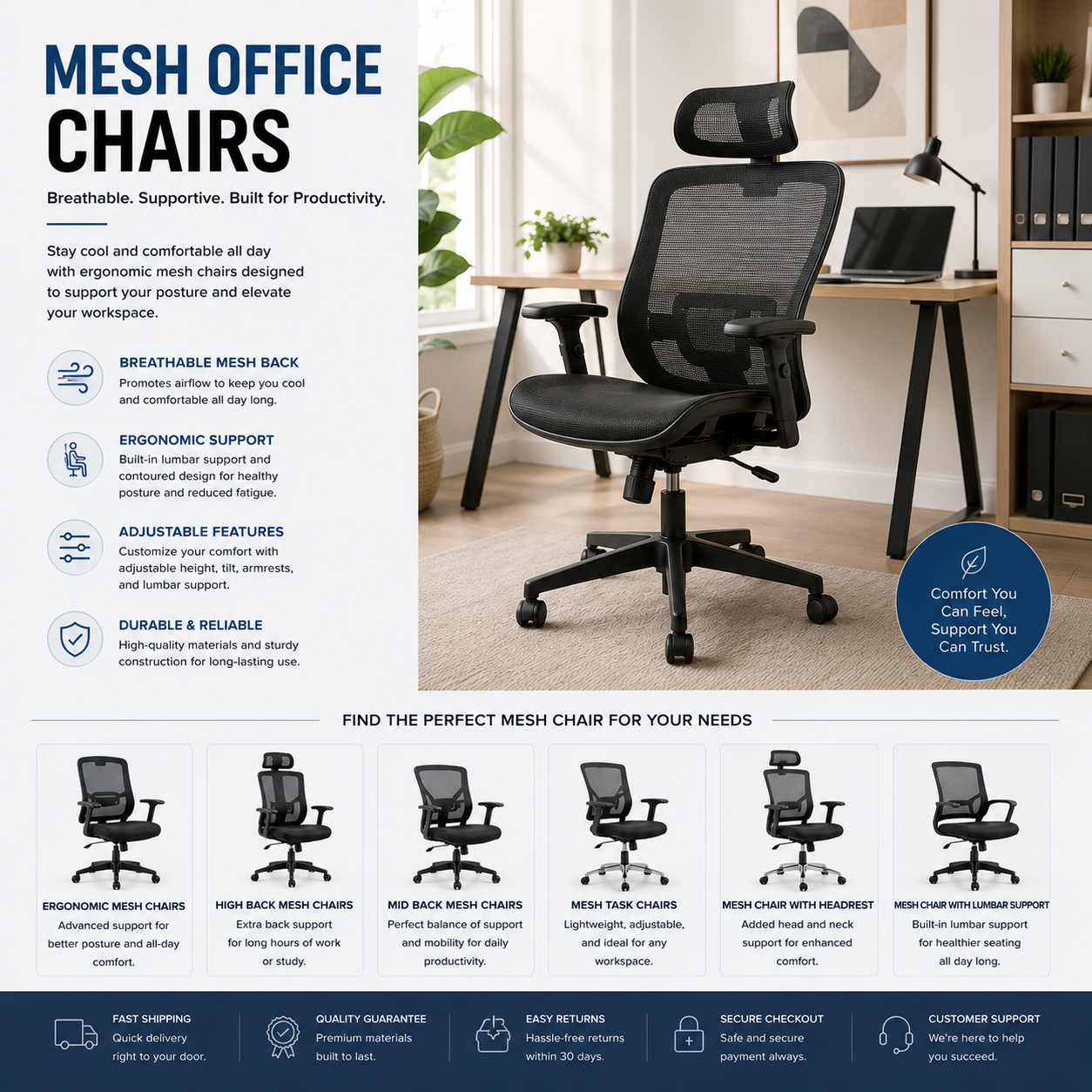 Modern mesh office chairs with breathable ergonomic support, adjustable seating, and comfortable workspace design