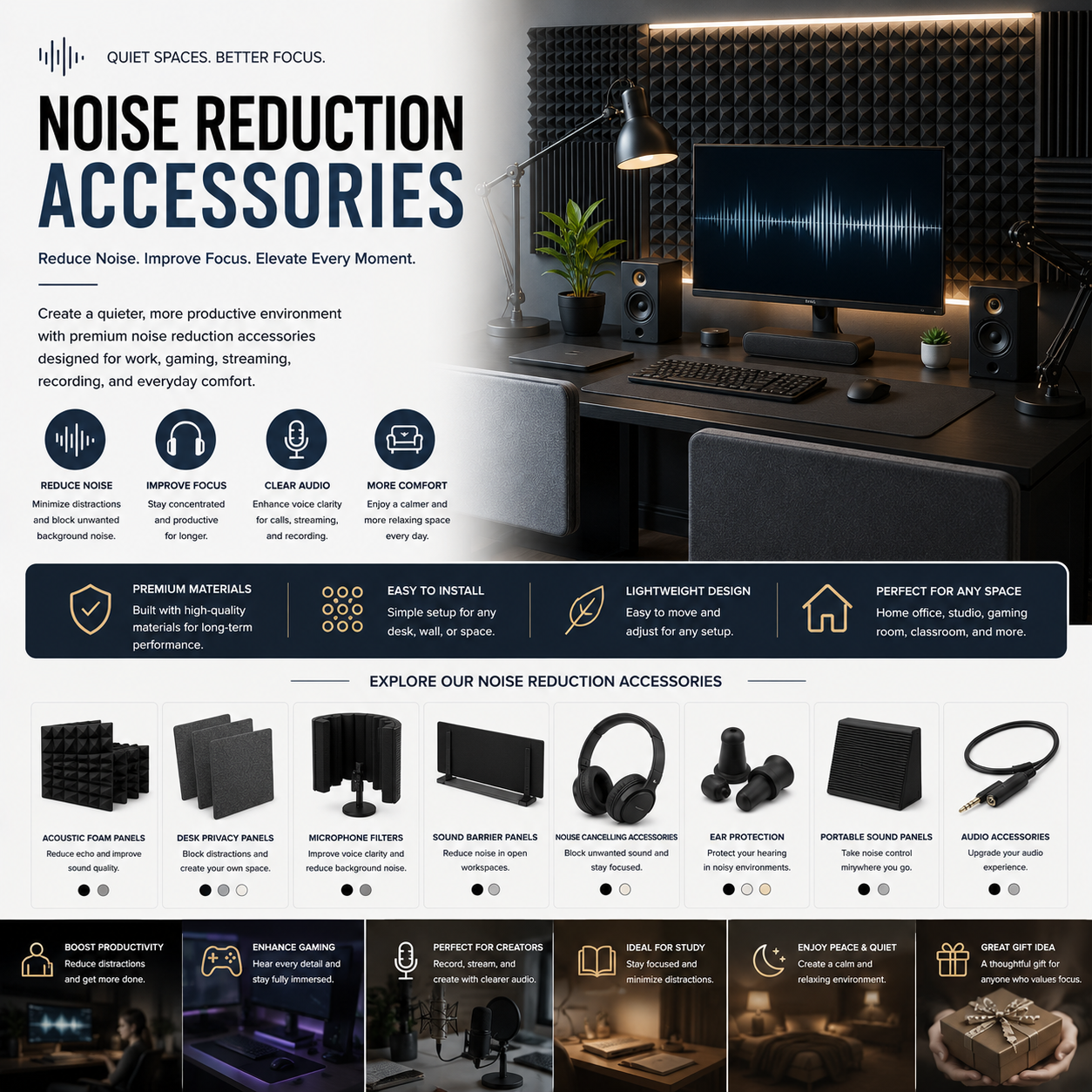 Modern noise reduction accessories and acoustic workspace solutions for gaming setups, home offices, streaming rooms, and focused environments