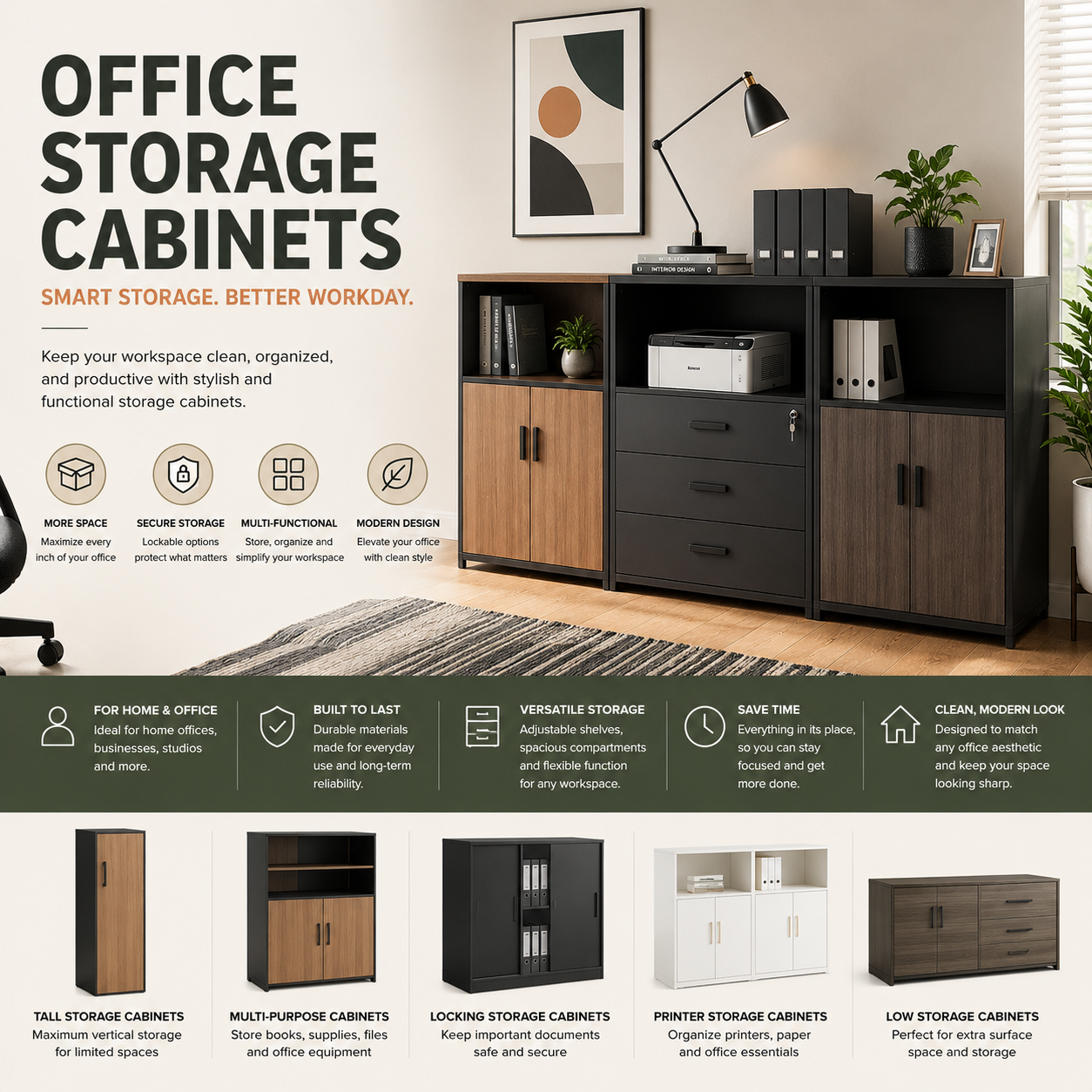 Modern office storage cabinets and home office organization furniture for productive and clutter-free workspaces