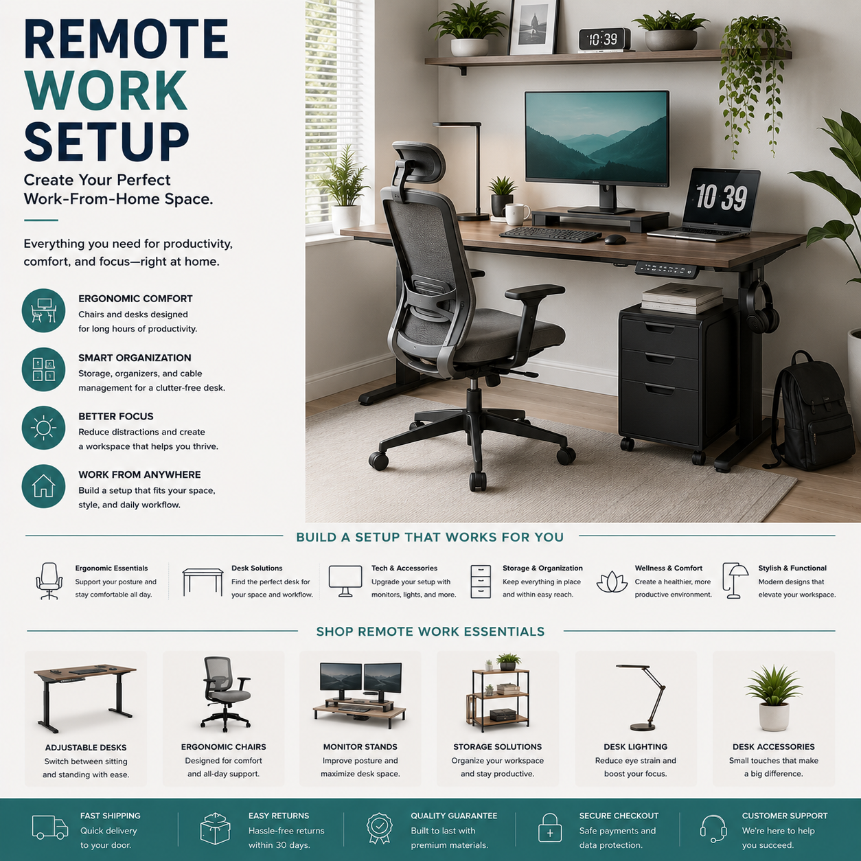 Modern remote work setup with ergonomic office furniture, organized workspace layouts, and productivity-focused home office design