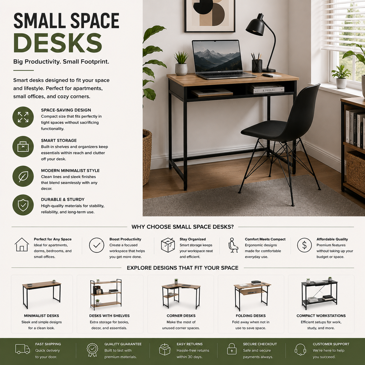 Modern small space desks with compact workspace layouts, minimalist organization, and ergonomic productivity-focused desk design