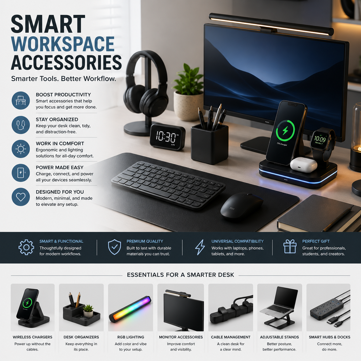 Modern smart workspace accessories with wireless charging stations, RGB desk gadgets, smart lighting, and organized productivity desk setups