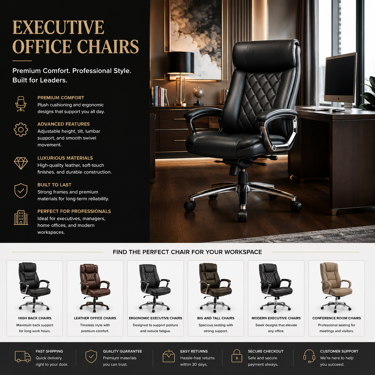 Premium executive office chairs with ergonomic support, leather seating, and modern professional workspace design