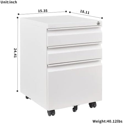 3-Drawer Mobile File Cabinets Black File Cabinet Under Desk Metal Filing Cabinet Rolling Metal Filing Cabinet for Legal and Letter Files with Anti-Tilt Design with Locking Fully Assembled (White)