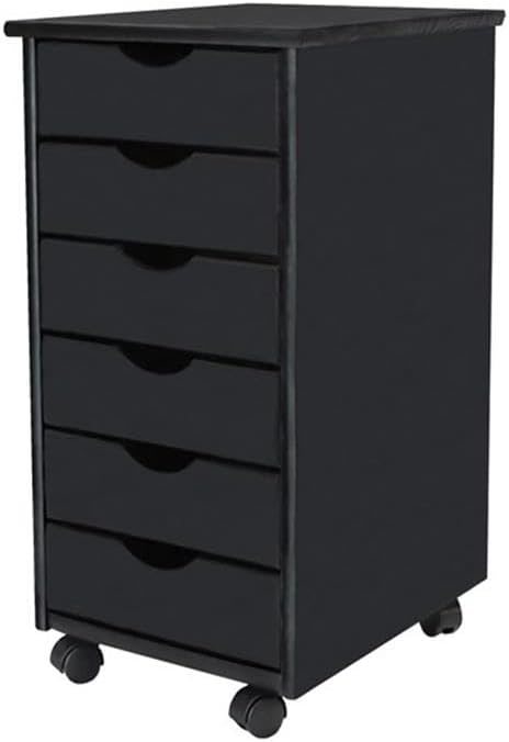 Pemberly Row Modern Solid Wood 6-Drawer Roll Utility Cart, Black Finish, L 15.25 x W 13.25 x H 25.75 in, Durable Pine Wood, Mobile Storage for Home Office, Crafts, Kitchen, Compact & Spacious Design